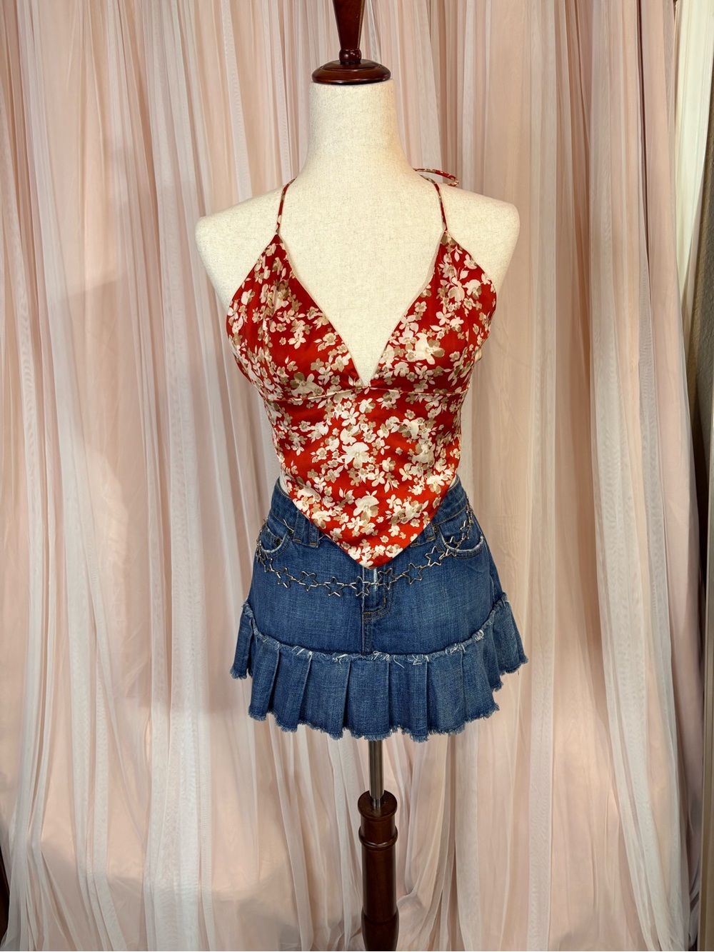 Sisters of the Tribe, Y2K, Red Floral Satin Top. Fairy Coquette, Scarf Top
